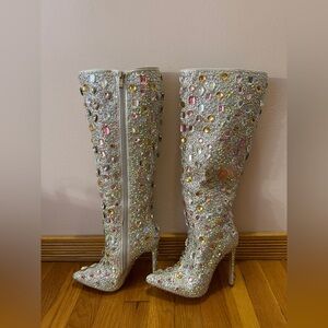 Azalea Wang ARNICA-PINK JEWELED STILETTO KNEE HIGH BOOT 6.5